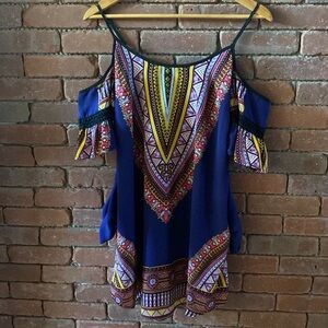 Mini Purple Patterned Cold-Shoulder Dress
